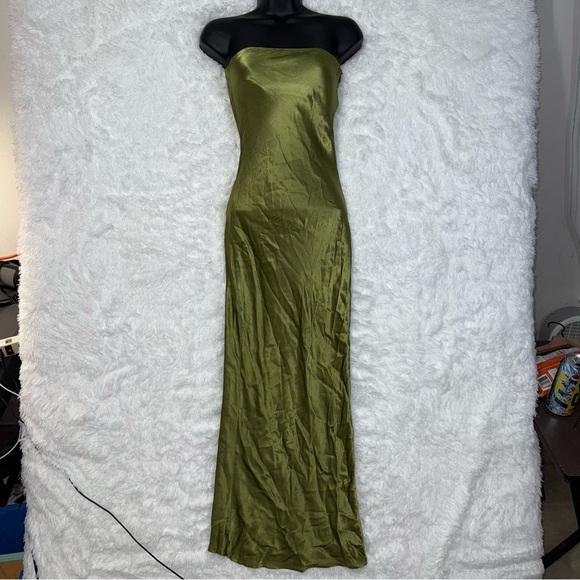 SNDYS x REVOLVE Angel Strapless Metallic Olive Green Satin Maxi Dress Rayon - Picture 2 of 5